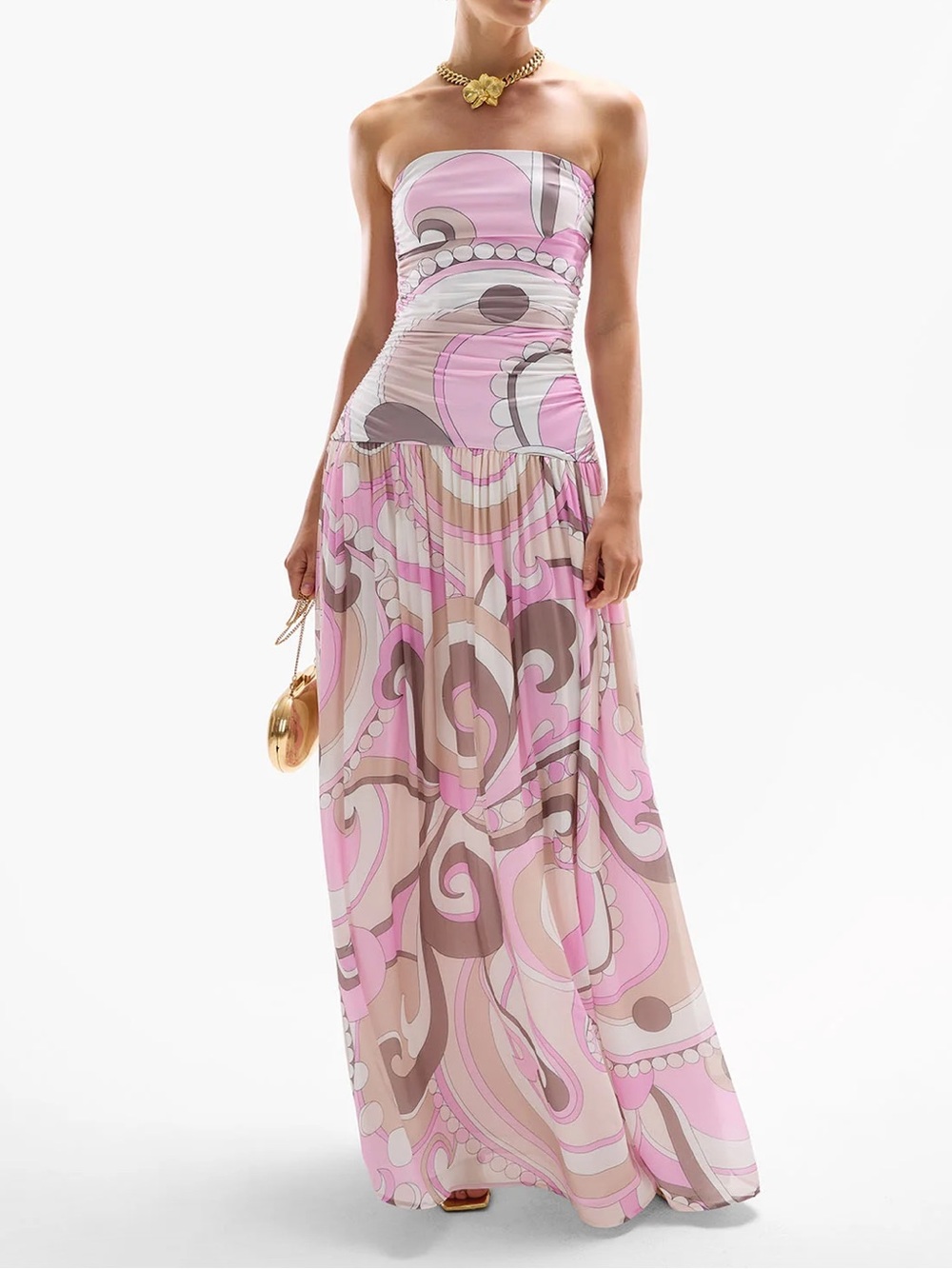 Strapless Pink Printed Maxi Dress - Designer Style
